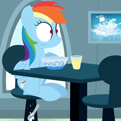 Size: 1280x1280 | Tagged: safe, artist:dtcx97, rainbow dash, pegasus, pony, cereal, female, food, mare, painting, rainbow dash's house, solo, solo female, table