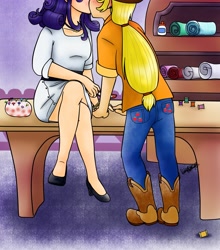 Size: 2347x2662 | Tagged: safe, artist:shiko-k, applejack, rarity, applejack's hat, boots, cowboy boots, cowboy hat, female, hat, high res, humanized, kissing, lesbian, rarijack, shipping