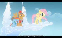 Size: 1024x640 | Tagged: safe, screencap, fluttershy, rainbow dash, rivet, pegasus, pony, hurricane fluttershy, vulgar, youtube caption