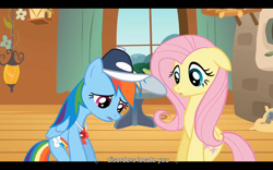 Size: 1024x640 | Tagged: safe, screencap, fluttershy, rainbow dash, pegasus, pony, hurricane fluttershy, in soviet russia, youtube caption