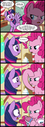 Size: 711x2000 | Tagged: safe, artist:madmax, pinkie pie, twilight sparkle, twilight sparkle (alicorn), alicorn, earth pony, pony, comic, costume, disguise, exclamation point, female, interrobang, mare, onomatopoeia, question mark, zipper