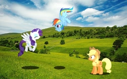 Size: 1920x1200 | Tagged: safe, artist:hachaosagent, applejack, rainbow dash, rarity, alicorn, pony, alicornified, flying, irl, photo, ponies in real life, race swap, raricorn, vector, wings, wtf