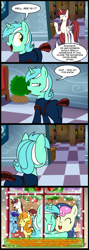 Size: 711x2000 | Tagged: safe, artist:madmax, bon bon, carrot top, golden harvest, lyra heartstrings, minuette, sweetie drops, oc, oc:fausticorn, a gift for hearth's warming eve, comic, female, lauren faust, lesbian, lyrabon, shipping, stealth suit, tail wrap