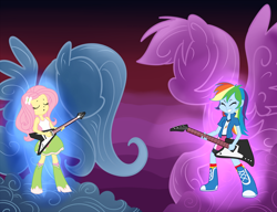 Size: 2000x1533 | Tagged: safe, artist:madmax, fluttershy, rainbow dash, equestria girls, guitar, metalocalypse, musical instrument