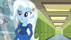 Size: 1920x1080 | Tagged: safe, derpibooru import, screencap, trixie, equestria girls, equestria girls (movie), canterlot high, crackers, cute, diatrixes, fall formal outfits, female, food, hallway, lockers, open mouth, peanut butter, peanut butter crackers, solo, vending machine