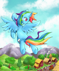 Size: 500x600 | Tagged: safe, artist:cheerubi, rainbow dash, pegasus, pony, blue coat, female, flying, mare, multicolored mane, solo