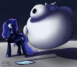 Size: 1280x1116 | Tagged: safe, artist:the-furry-railfan, part of a series, part of a set, princess luna, rainbow dash, alicorn, pegasus, pony, series:one small trot for a pony, amused, astrodash, astronaut, clothes, cutie mark, eyeshadow, flag, floating, hoof shoes, immobile, inflation, makeup, moon, moon landing, peytral, raised hoof, regalia, sequence, shocked, shocked eyes, smirk, space, spacesuit, stars, story included, this ended in balloons