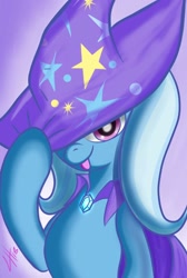 Size: 860x1280 | Tagged: safe, artist:derpx1, derpibooru import, trixie, pony, unicorn, cape, clothes, female, hat, hoof hold, looking at you, mare, signature, solo, tongue out, trixie's cape, trixie's hat