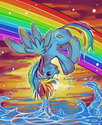 Size: 700x859 | Tagged: safe, artist:coolvanillia, rainbow dash, pegasus, pony, rainbow, solo, splash, sunset, water, wet mane