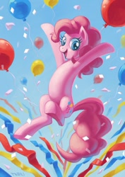 Size: 496x701 | Tagged: safe, artist:pinali, pinkie pie, earth pony, pony, balloon, confetti, cute, diapinkes, female, mare, open mouth, solo, streamers