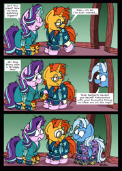 Size: 2480x3472 | Tagged: safe, artist:bobthedalek, derpibooru import, starlight glimmer, sunburst, trixie, pony, unicorn, bathrobe, bed mane, clothes, comic, cute, dialogue, diatrixes, female, heart butt, implied lesbian, implied shipping, implied startrix, inconvenient trixie, male, mare, messy mane, pajamas, raised hoof, raised leg, robe, shipping, slippers, stallion, starburst, straight, teacup, that pony sure does love teacups, themed slippers, trixie's wagon, when you see it
