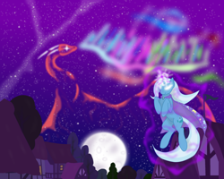 Size: 2560x2048 | Tagged: safe, artist:virenth, derpibooru import, trixie, dragon, pony, unicorn, female, magic, mare, moon, night, solo