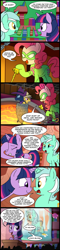 Size: 524x2200 | Tagged: safe, artist:madmax, daring do, lyra heartstrings, mare do well, pinkie pie, twilight sparkle, human, pony, unicorn, batman, comic, dc comics, female, green screen, laser pointer, le, mare, peril, pinkie scepter, presentation, shower, the riddler, tied up, twilight scepter