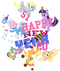 Size: 852x1000 | Tagged: safe, artist:pixelkitties, derpibooru import, applejack, derpy hooves, fluttershy, spike, trixie, twilight sparkle, twilight sparkle (alicorn), alicorn, princess twilight sparkle (episode), alcohol, apple, flutterbat, glare, gritted teeth, happy new year, hat, lampshade, lampshade hat, mystery box of plot importance, race swap, simple background, smiling, spread wings, tiara, transparent background, twilight is not amused, unamused, upside down, wide eyes