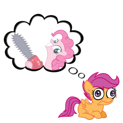 Size: 1000x1000 | Tagged: safe, pinkie pie, scootaloo, earth pony, pony, chainsaw, implied scootabuse, nightmare