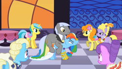 Size: 1280x720 | Tagged: safe, screencap, caesar, carrot top, eclair créme, golden harvest, jangles, lemony gem, lyrica lilac, north star, rainbow dash, pegasus, pony, the best night ever, caesardash, female, male, shipping, smiling, straight