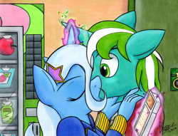 Size: 1280x976 | Tagged: safe, artist:blazelupine, derpibooru import, trixie, oc, oc:pickles, anthro, canon x oc, equestria girls outfit, female, kissing, male, peanut butter crackers, shipping, stealing, straight, traditional art, trikles