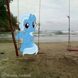 Size: 1080x1080 | Tagged: safe, derpibooru import, trixie, pony, unicorn, road to friendship, cute, diatrixes, irl, looking at you, ocean, photo, ponies in real life, solo, swing, water