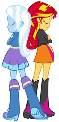 Size: 2422x5000 | Tagged: safe, artist:pinkiespartygirl, derpibooru import, sunset shimmer, trixie, equestria girls, boots, clothes, jacket, shoes, simple background, skirt, transparent background, vector