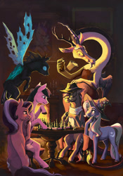 Size: 1400x2000 | Tagged: safe, artist:28gooddays, derpibooru import, discord, starlight glimmer, thorax, trixie, oc, changeling, draconequus, pony, unicorn, candle, chair, chess, clothes, colored hooves, eating, female, fireplace, flying, food, hat, levitation, magic, male, mare, painting, popcorn, scarf, sitting, sofa, table, telekinesis