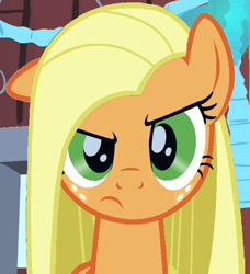 Size: 579x634 | Tagged: safe, applejack, earth pony, pony, blonde mane, female, mare, missing accessory, orange coat, recolor, solo