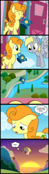 Size: 571x2000 | Tagged: safe, artist:madmax, carrot top, derpy hooves, golden harvest, pegasus, pony, three's a crowd, comic, female, floating house, mare, river, sunset, watering can