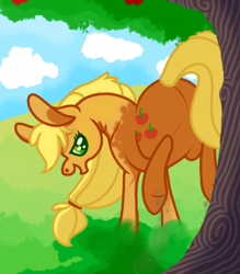 Size: 350x400 | Tagged: safe, artist:spiderishdrawsmostlyponies, applejack, earth pony, pony, applebucking, female, mare, solo