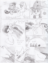 Size: 2552x3312 | Tagged: safe, artist:kittyhawk-contrail, derpibooru import, bon bon, princess celestia, sweetie drops, trixie, oc, oc:phoe, alicorn, pony, unicorn, comic, female, lyre, magic, mare, monochrome, traditional art