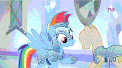 Size: 635x355 | Tagged: safe, screencap, rainbow dash, pegasus, pony, season 3, the crystal empire, spoiler:s03, armor, hub logo, jousting, mannequin