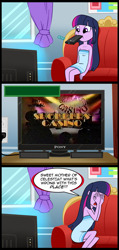 Size: 713x1501 | Tagged: safe, artist:madmax, edit, twilight sparkle, equestria girls, comic, game show, meme, shopper's casino, what's wrong with this place, youtube link