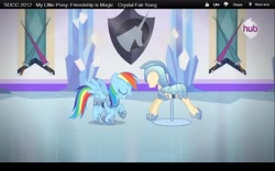 Size: 1280x800 | Tagged: safe, screencap, rainbow dash, pegasus, pony, season 3, the crystal empire, spoiler:s03, armor, hub logo, jousting, mannequin, san diego comic con, sdcc 2012, youtube