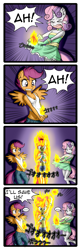 Size: 1122x3496 | Tagged: safe, artist:anibaruthecat, apple bloom, scootaloo, sweetie belle, anthro, earth pony, pegasus, unicorn, comic:fetish escalation, ..., 4koma, apple bloomed, apple bloomers, armpits, assisted exposure, bad idea, bandeau, belly button, boobaloo, breasts, choker, cleavage, clothes, comic, crying, cutie mark crusaders, dialogue, dress, eyes closed, female, fire, frown, gloves, japanese, midriff, older, on fire, scared, short dress, shorts, smiling, smirk, socks, speech bubble, sweat, sweetie boobs, tanktop, thigh highs, this is fine, this will end in incineration, this will end in pain, this will end in tears and/or death, this will not end well, wavy mouth