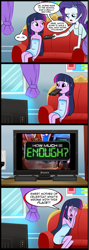 Size: 714x2000 | Tagged: safe, artist:madmax, edit, rarity, twilight sparkle, equestria girls, comic, exploitable, exploitable meme, game show, how much is enough?, meme, obligatory pony, remote, sony, television, tv meme, what's wrong with this place