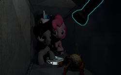 Size: 960x600 | Tagged: safe, artist:pinkie diane roosevelt phd, pinkie pie, shining armor, oc, earth pony, pegasus, pony, unicorn, 3d, description is relevant, flashlight (object), gmod, half-life, medkit, sven co-op