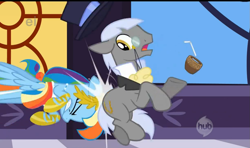 Size: 1099x650 | Tagged: safe, screencap, caesar, rainbow dash, pegasus, pony, the best night ever, ei, hat, headbutt, hub logo, hubble, monocle and top hat, tackle, the hub