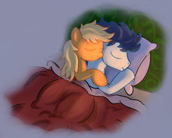 Size: 1280x1024 | Tagged: safe, artist:tggeko, applejack, soarin', earth pony, pony, bed, chest fluff, cuddling, female, hatless, loose hair, male, missing accessory, shipping, sleeping, soarinjack, spooning, straight