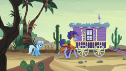 Size: 1280x720 | Tagged: safe, derpibooru import, screencap, hoo'far, trixie, road to friendship, duo, messy mane, scratches, trixie's wagon