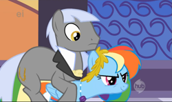 Size: 1099x650 | Tagged: safe, screencap, caesar, rainbow dash, pegasus, pony, the best night ever, caesardash, ei, grand galloping gala, hub logo, hubble, out of context, the hub