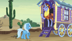 Size: 1280x720 | Tagged: safe, derpibooru import, screencap, hoo'far, trixie, road to friendship, duo, messy mane, scratches, trixie's wagon