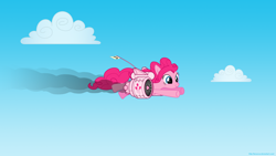 Size: 1920x1080 | Tagged: safe, artist:larsurus, pinkie pie, earth pony, pony, cloud, cloudy, flying, jet, jetpack, sky, smiling, solo