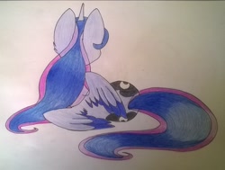 Size: 1929x1456 | Tagged: safe, artist:cutepencilcase, princess luna, alicorn, pony, both cutie marks, on side, rear view, solo, traditional art