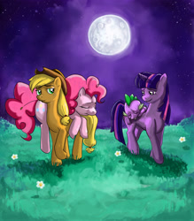 Size: 2100x2400 | Tagged: safe, artist:zippedbinders, derpibooru import, applejack, pinkie pie, spike, twilight sparkle, dragon, earth pony, pony, high res, moon, sleeping