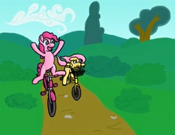 Size: 959x739 | Tagged: safe, artist:rydelfox, fluttershy, pinkie pie, earth pony, pegasus, pony, bicycle, ride to conquer cancer