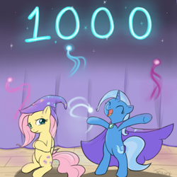 Size: 1280x1280 | Tagged: safe, artist:theparagon, derpibooru import, fluttershy, trixie, pegasus, pony, unicorn, accessory swap, ask trixie, female, fireworks, lesbian, mare, shipping, stage, trixie's hat, trixieshy