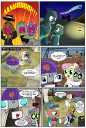 Size: 1482x2200 | Tagged: safe, artist:madmax, fluttershy, rainbow dash, rarity, sweetie bot, earth pony, pegasus, pony, robot, unicorn, fallout equestria, fallout equestria: the ghost of the wastes, alternate hairstyle, collar, comic, female, fence, filly, foal, glasses, hooves, horn, hug, mare, open mouth, screaming, slavery, tent