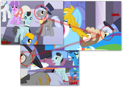 Size: 816x579 | Tagged: safe, edit, edited screencap, screencap, bruce mane, caesar, herald, north star, orion, perfect pace, rainbow dash, sealed scroll, shooting star (character), soarin', pegasus, pony, the best night ever, hat, monocle and top hat, teleportation, the master