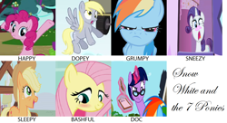 Size: 1254x680 | Tagged: safe, artist:fineartobserver, derpibooru import, applejack, fluttershy, pinkie pie, rainbow dash, rarity, twilight sparkle, earth pony, pegasus, pony, unicorn, disney, mane six, parody, snow white