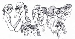 Size: 1280x667 | Tagged: safe, artist:hoodoo, big macintosh, braeburn, caramel, shining armor, soarin', oc, earth pony, pony, unicorn, caramac, cuddling, gay, heart, kissing, licking, male, monochrome, royal guard, shipping, sketch, sketch dump, snuggling, soarburn, stallion