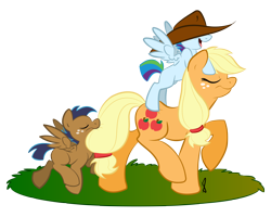 Size: 3000x2400 | Tagged: safe, artist:littletiger488, applejack, oc, oc:circuit, oc:eden, earth pony, pony, accessory theft, blank flank, colt, foal, high res, male, mouth hold, offspring, parent:applejack, parent:rainbow dash, parent:soarin', parents:soarindash, parents:soarinjack, ponies riding ponies, simple background, tail bite, tail pull, transparent background