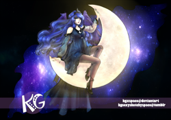 Size: 1280x897 | Tagged: safe, artist:kgxspace, princess luna, human, clothes, dress, humanized, moon, nail polish, solo, space, stars, tangible heavenly object